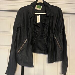 Navy Anthropologie Vegan Leather Moto Jacket